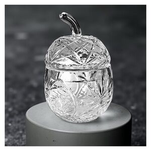 Vintage 1980s Clear Cut Crystal Apple-Shaped Sugar Bowl 4”x 6” Lidded Sunburst